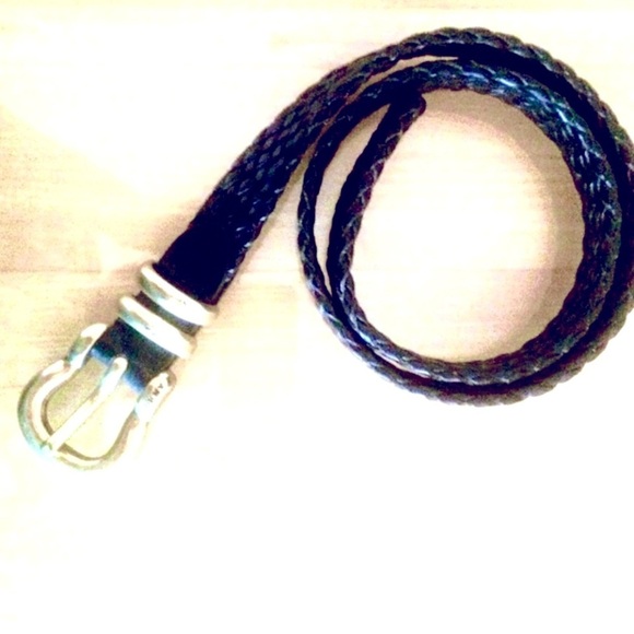 DKNY Weaved Black Leather Belt, gold hardware
